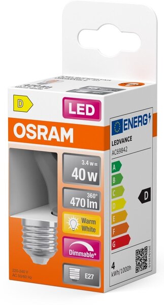 Mini LED stmívatelná žárovka E27 4,8 W CLASSIC P, teplá bílá OSRAM