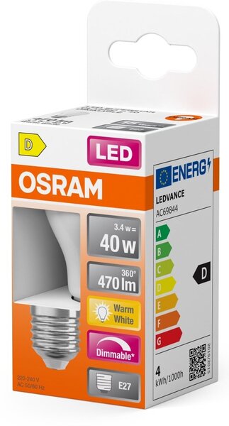 Mini LED matná stmívatelná žárovka E27 4,8 W CLASSIC P, teplá bílá OSRAM