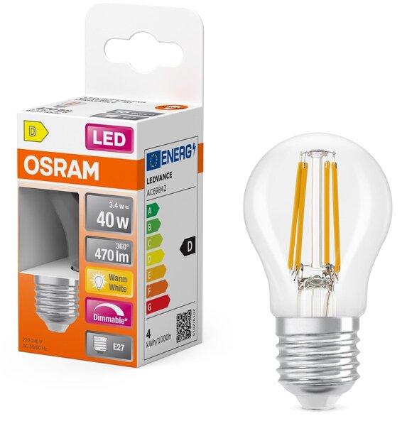 Mini LED stmívatelná žárovka E27 4,8 W CLASSIC P, teplá bílá OSRAM