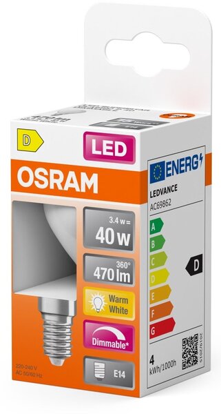 Mini LED matná stmívatelná žárovka E14 4,8 W CLASSIC P, teplá bílá OSRAM
