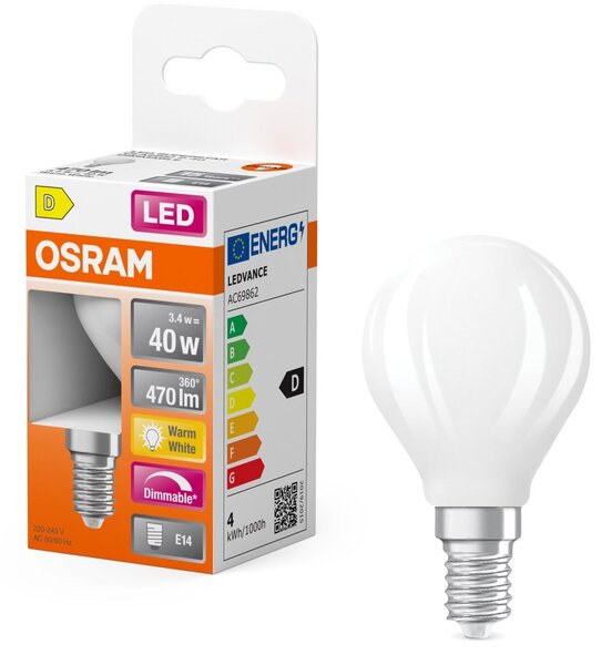 Mini LED matná stmívatelná žárovka E14 4,8 W CLASSIC P, teplá bílá OSRAM