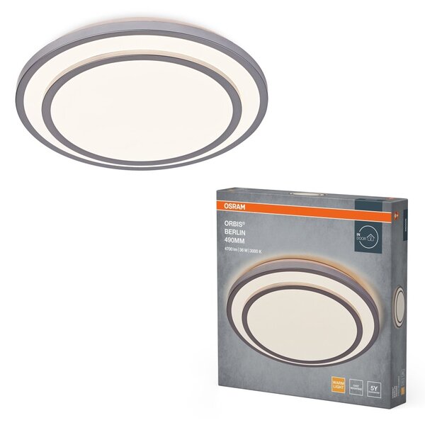 LED stropní svítidlo stříbrné 36 W BERLIN 490 mm, teplá bílá OSRAM