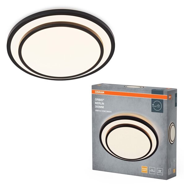 LED stropní svítidlo černé 16 W BERLIN 300 mm, teplá bílá OSRAM