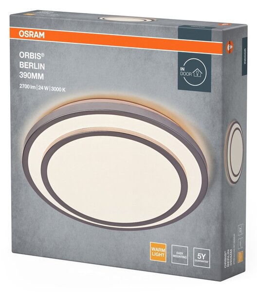 Stříbrné LED stropní svítidlo 24 W BERLIN 390 mm, teplá bílá OSRAM