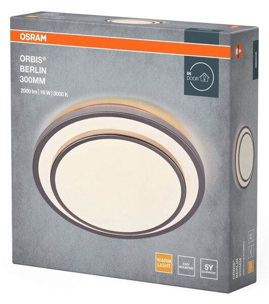 LED stropní svítidlo stříbrné 16 W BERLIN 300 mm, teplá bílá OSRAM