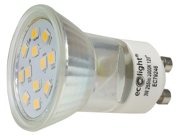LED žárovka GU11 3W GU10 35mm teplá bílá 3000k sklo ECOLIGHT