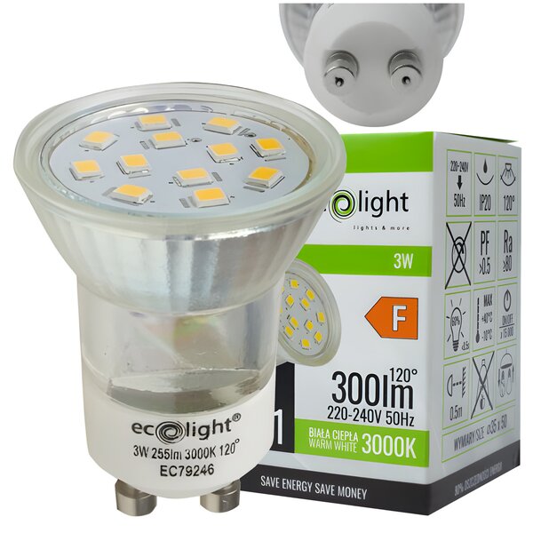 LED žárovka GU11 3W GU10 35mm teplá bílá 3000k sklo ECOLIGHT