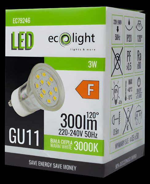 LED žárovka GU11 3W GU10 35mm teplá bílá 3000k sklo ECOLIGHT