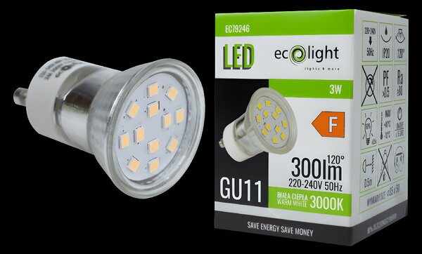 LED žárovka GU11 3W GU10 35mm teplá bílá 3000k sklo ECOLIGHT