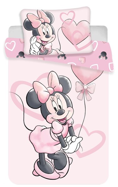 Bavlněné povlečení do postýlky s motivem Minnie pink heart. Rozměr povlečení je 100x135, 40x60 cm