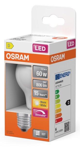 Stmívatelná matná LED žárovka E27 60 W, teplá bílá OSRAM