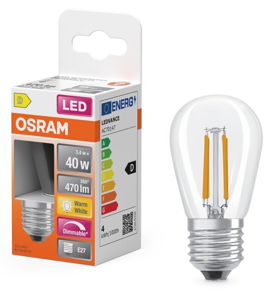 Stmívatelná průhledná LED žárovka E27 4,8 W EDISON, teplá bílá OSRAM