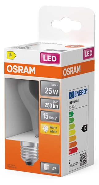 Průhledná LED žárovka E27 2,5 W CLASSIC A, teplá bílá OSRAM