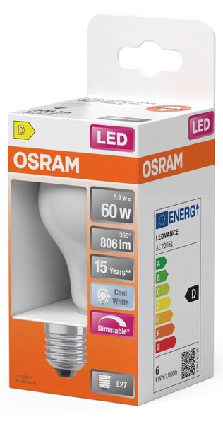Matná LED stmívatelná žárovka E27 6,5 W CLASSIC A, studená bílá OSRAM