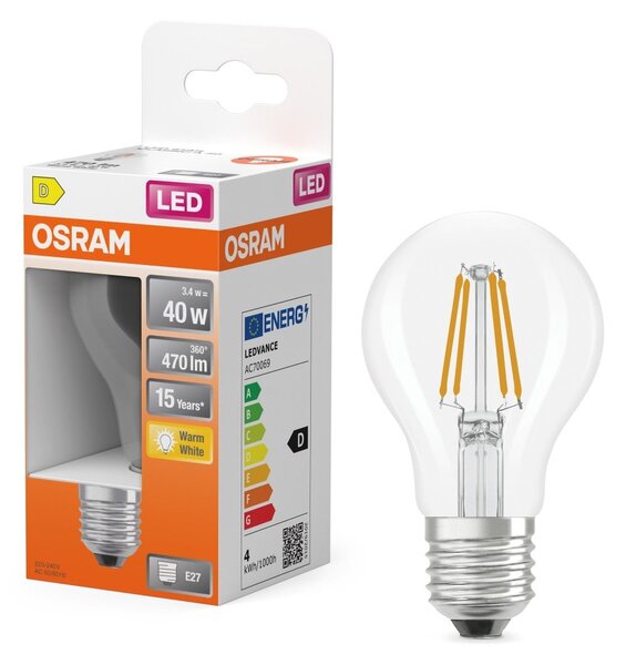 Klasická průhledná LED žárovka E27 4 W STAR, teplá bílá OSRAM