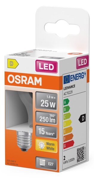 Průhledná mini LED žárovka E27 2,5 W CLASSIC P, teplá bílá OSRAM