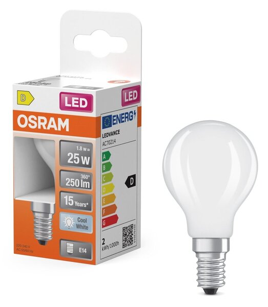 Matná mini LED žárovka E14 2,5 W CLASSIC P, studená bílá OSRAM