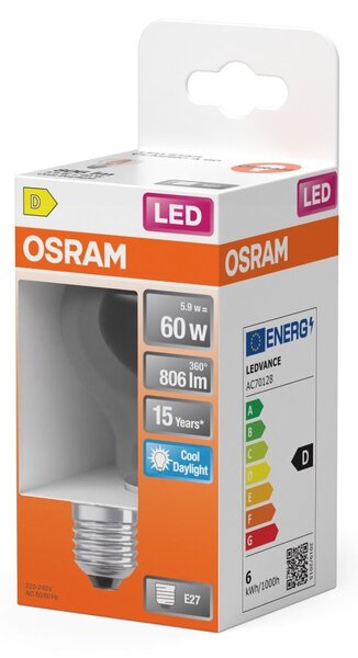Průhledná LED žárovka E27 6,5 W CLASSIC A, studená denní bílá OSRAM