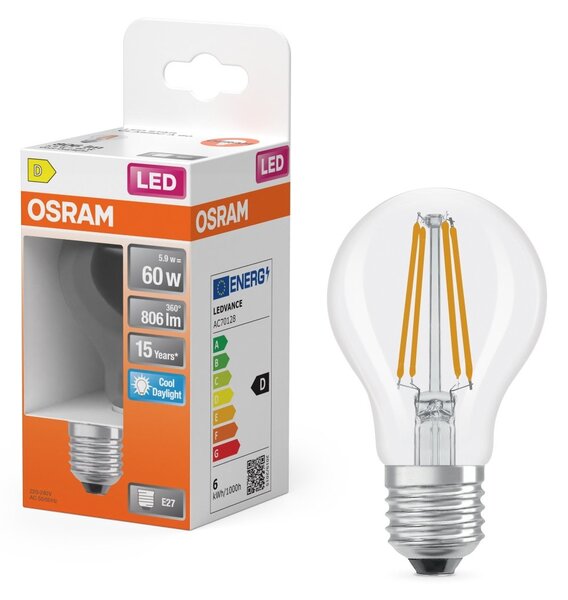 Průhledná LED žárovka E27 6,5 W CLASSIC A, studená denní bílá OSRAM