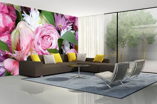 DIMEX | Vliesová fototapeta Růžová kytice MS-5-1402 | 375 x 250 cm| zelená, bílá, růžová