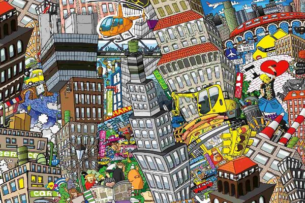 DIMEX | Vliesová fototapeta Město Cartoon MS-5-1413 | 375 x 250 cm| červená, žlutá, šedá