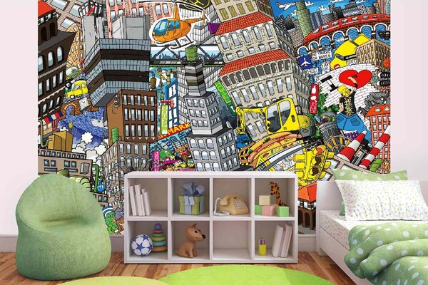 DIMEX | Vliesová fototapeta Město Cartoon MS-5-1413 | 375 x 250 cm| červená, žlutá, šedá