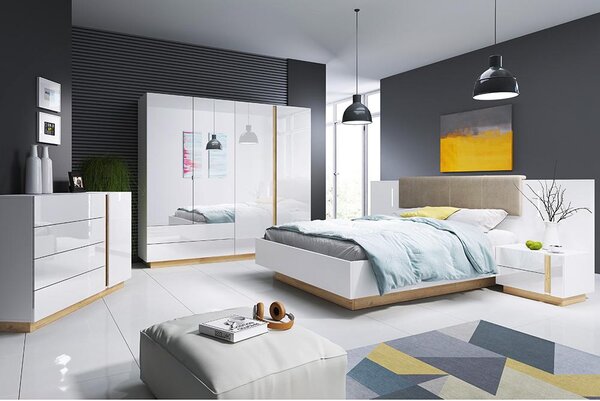 ARCO | šatní skříň 220 se zrcadlem | 220 cm | PUSH OPEN | bílá mat/lesk/dub grandson