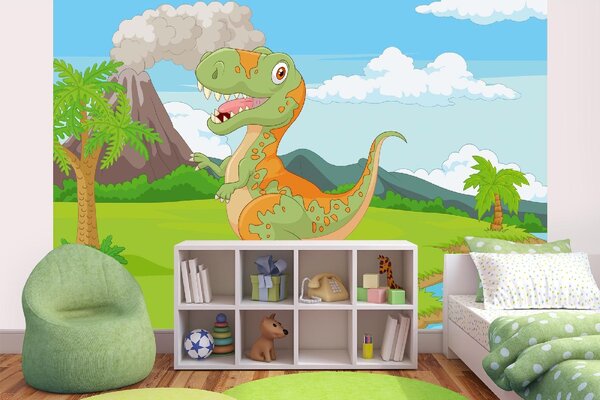 DIMEX | Vliesová fototapeta Tyranosaurus v džungli MS-5-1465 | 375 x 250 cm| zelená, modrá, oranžová, hnědá