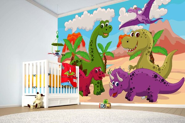 DIMEX | Vliesová fototapeta Kreslení dinosauři MS-5-1463 | 375 x 250 cm| zelená, modrá, červená, fialová