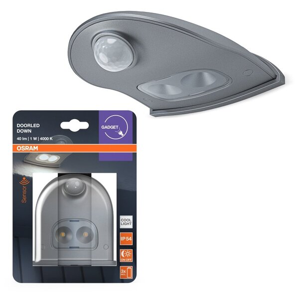 Šedé venkovní nástěnné LED světlo DOOR DOWN IP54 se senzorem OSRAM