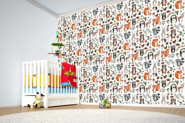 DIMEX | Vliesová fototapeta Roztomilá lesní zvířata MS-5-1476 | 375 x 250 cm| zelená, červená, oranžová, hnědá