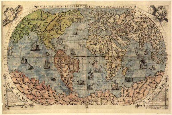 DIMEX | Vliesová fototapeta Starověká mapa světa MS-5-1499 | 375 x 250 cm| zelená, bílá, béžová