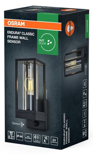 Rámované nástěnné svítidlo Endura Classic se senzorem, IP54, tmavě šedé