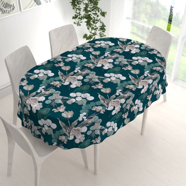 Biante Teflonový oválný ubrus TF-058 Květy s eukalyptem na tmavě zeleném 50x100 cm