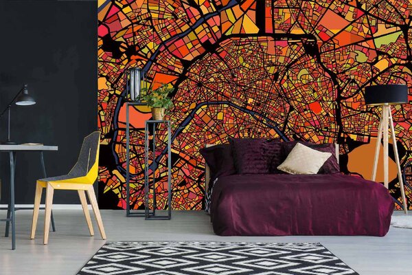 DIMEX | Vliesová fototapeta Mapa Paříže MS-5-1518 | 375 x 250 cm| červená, žlutá, oranžová