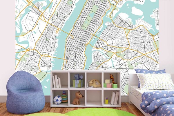 DIMEX | Vliesová fototapeta Mapa New Yorku MS-5-1526 | 375 x 250 cm| modrá, bílá, černá, žlutá
