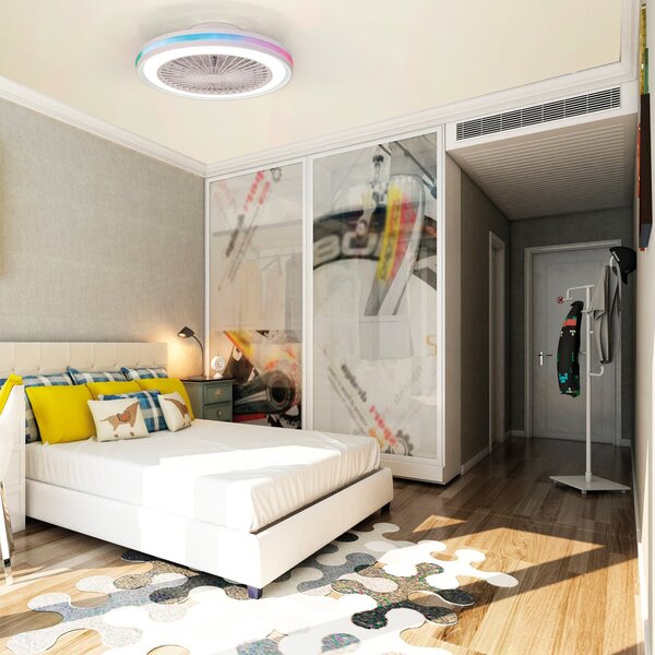 Herní stropní ventilátor s LED osvětlením, bílý, DC, tichý, CCT RGB – Mantra Mantra Iluminación, Gamer, stmívatelné, Bílá, Obývací pokoj, Plast, Moderní