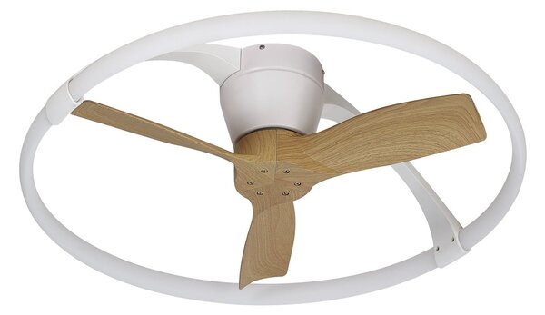 Stropní ventilátor Nepal Mini LED, ovládání přes aplikaci, bílá/buk – Mantra Mantra Iluminación, Nepal Mini, stmívatelné, Bílá, Obývací pokoj, Kov, Moderní