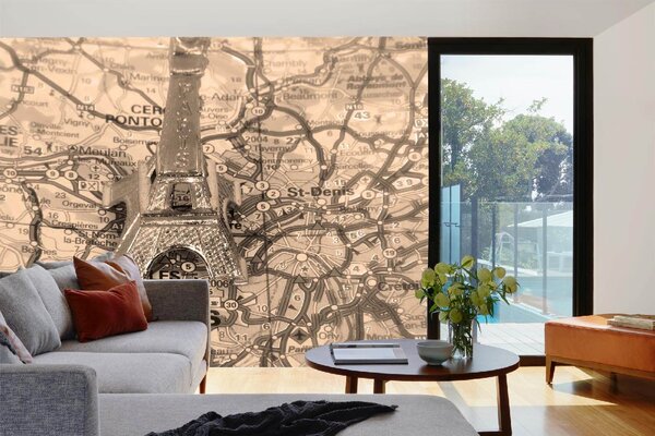 DIMEX | Vliesová fototapeta Eiffelova věž na mapě MS-5-1545 | 375 x 250 cm| béžová, žlutá, metalická