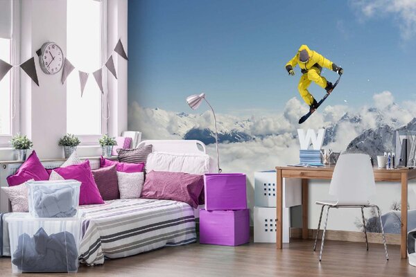 DIMEX | Vliesová fototapeta Skákání snowboardisty MS-5-1574 | 375 x 250 cm| modrá, bílá, černá, žlutá