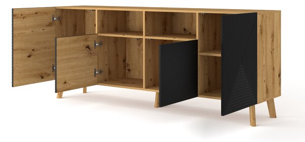 BIM Komoda LUXI 195, 4D, dub artisan/černý mat
