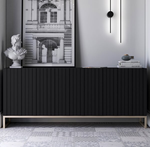 Komoda RTV Glamour 3D TV skíka Moderní Nábytek Lindner 168cm x 36,5cm x 72 cm Barva: erná matná Rám: Zlatý -kovová