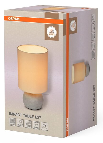 Dekorativní stolní lampa Impact, beton a šedá tkanina, 1xE27
