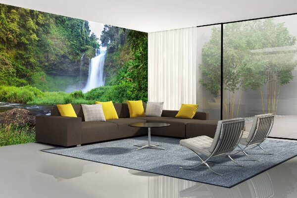DIMEX | Vliesová fototapeta Krásný lesní vodopád MS-5-1612 | 375 x 250 cm| zelená, bílá, hnědá
