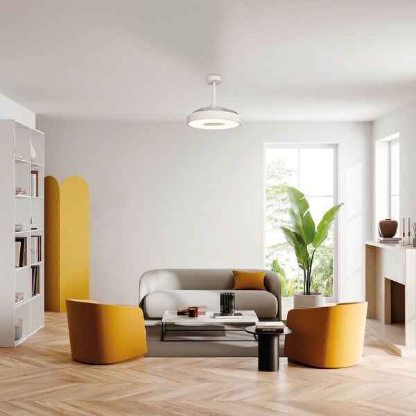 Stropní ventilátor Coin s LED osvětlením, bílý, tichý provoz na stejnosměrný Mantra Iluminación, Coin, stmívatelné, Bílá, Obývací pokoj, Plast, Moderní