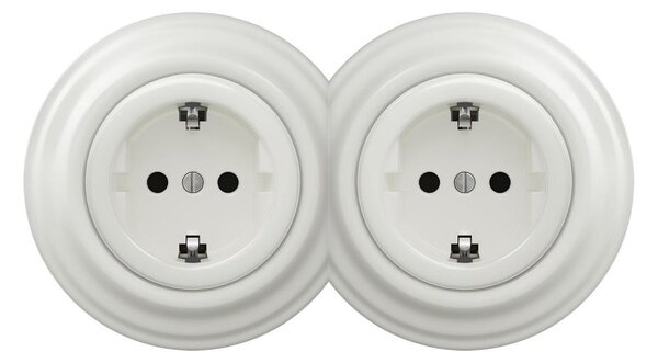 Kliklap -Dvojitá retro zásuvka domovní s rámečkem SCHUKO 230V/16A keramická bílá