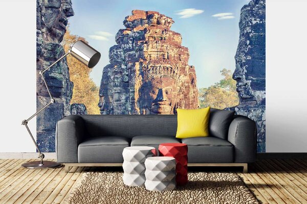 DIMEX | Vliesová fototapeta Chrám Bayon MS-5-1677 | 375 x 250 cm| modrá, hnědá, šedá