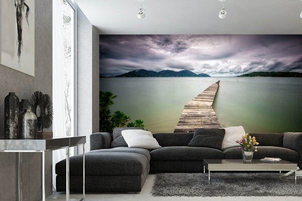DIMEX | Vliesová fototapeta Dřevěné molo MS-5-1801 | 375 x 250 cm| zelená, hnědá, šedá