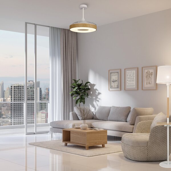 Stropní ventilátor Coin Mini LED, dřevo, tichý provoz na stejnosměrný proud, Mantra Iluminación, Coin Mini, stmívatelné, Bílá, Obývací pokoj, Plast, Moderní