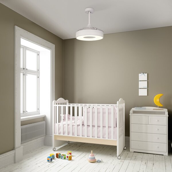 Stropní ventilátor Coin Mini LED, bílý, DC, tichý, Ø 91 cm – Mantra Mantra Iluminación, Coin Mini, stmívatelné, Bílá, Obývací pokoj, Plast, Moderní